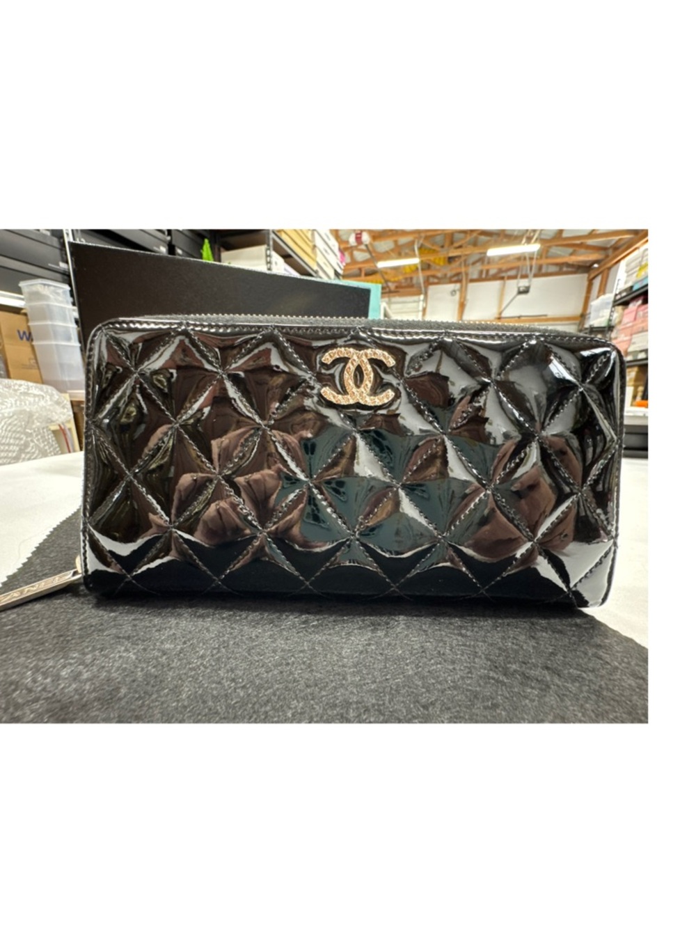 CHANEL Black Quilted Patent Leather Zip Wallet - Picture 3 of 10